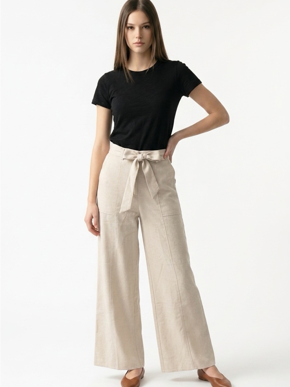 Sienna Sky Women's Small Beige Wide Leg Cotton Linen Tie Waist Pants